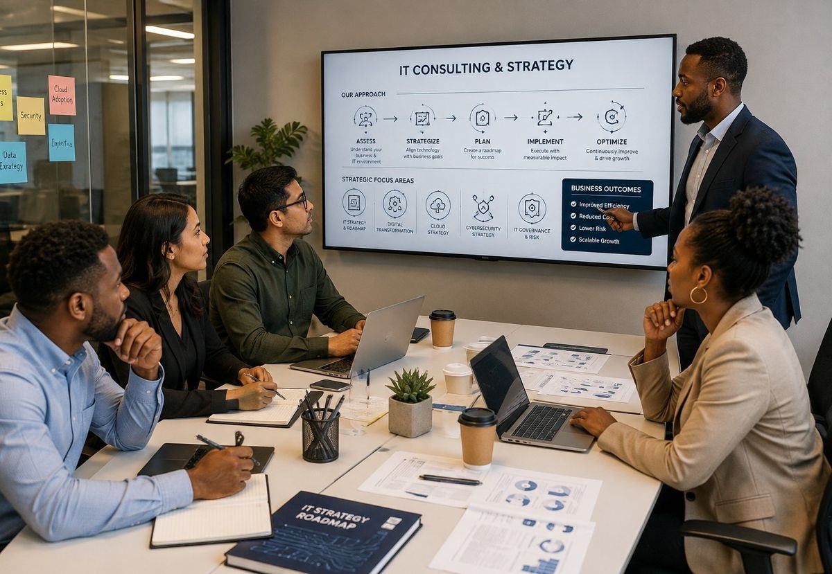 IT consultant presenting an IT consulting and strategy roadmap to a business team in a meeting room